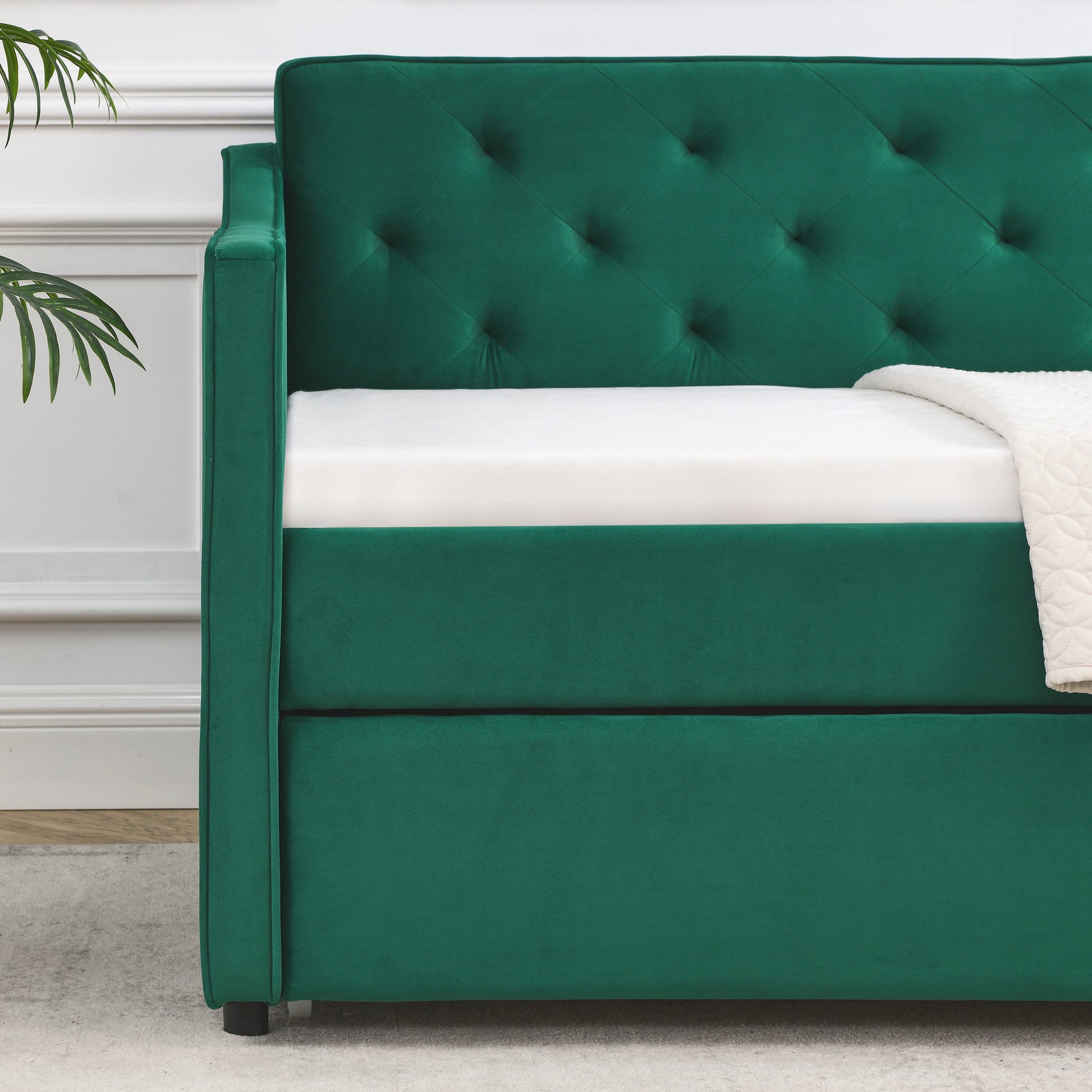 Twin Size Daybed With Twin Size Trundle Upholstered Tufted Sofa Bed, Waved Shape Arms 80.5"X44.5"X33.5" Green Velvet