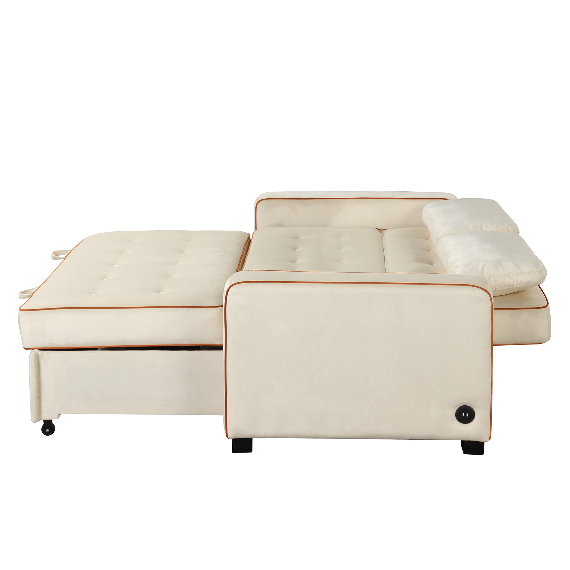 66.5" Velvet Upholstered Sleeper Bedpull Out Sofa Bed Couch Attached Two Throw Pillows,Dual Usb Charging Port And Adjustable Backrest For Living Room Space, Light Beige Beige Foam Velvet 2 Seat