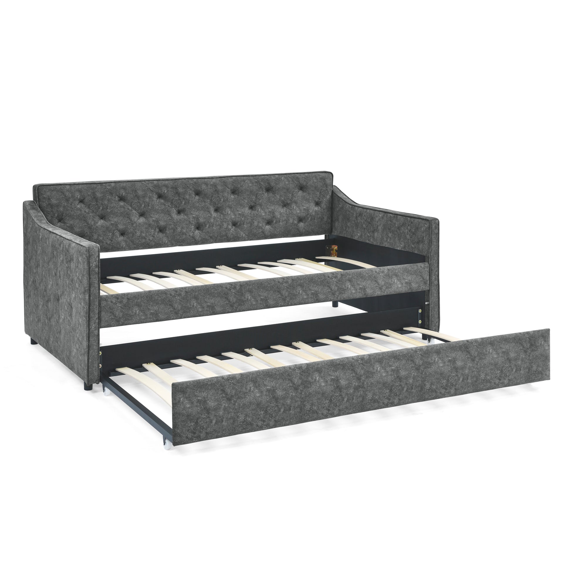 Twin Size Daybed With Twin Size Trundle Upholstered Tufted Sofa Bed, Waved Shape Arms, Grey 80.5"X44.5"X33.5" Grey Polyester