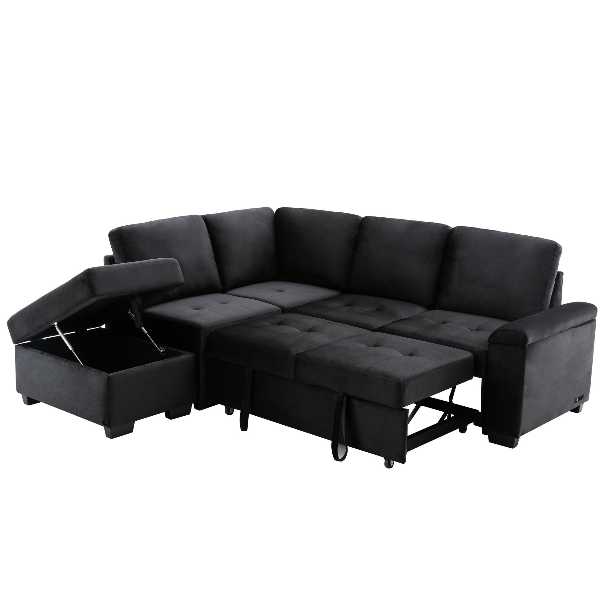 Sleeper Sectional Sofa, L Shape Corner Couch Sofa Bed With Storage Ottoman & Hidden Arm Storage & Usb Charge For Living Room Apartment, Black Black Velvet 4 Seat