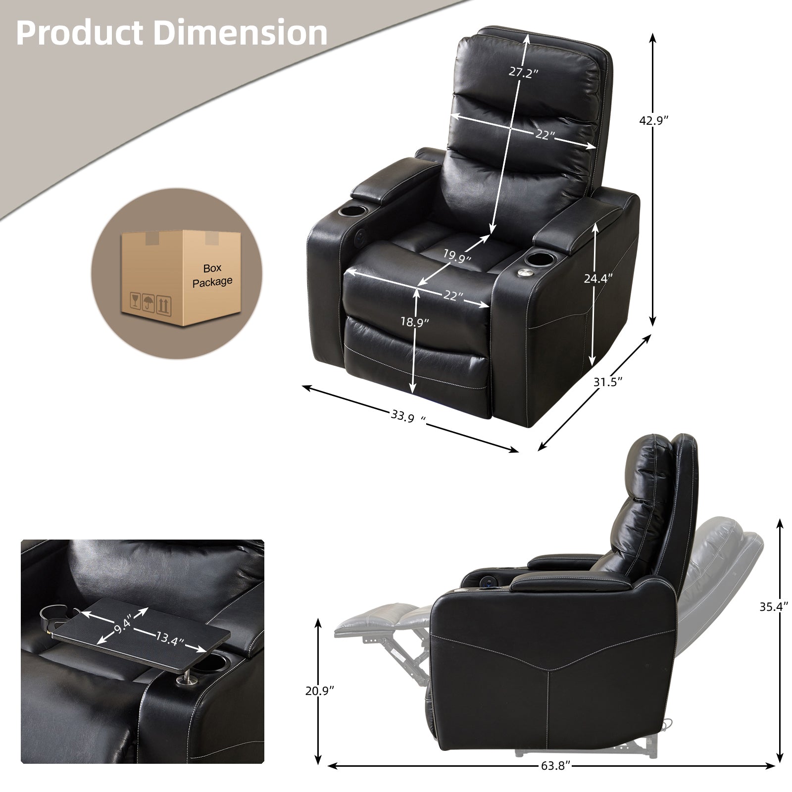 Power Reclining Chair Black Color Black Technical Leather