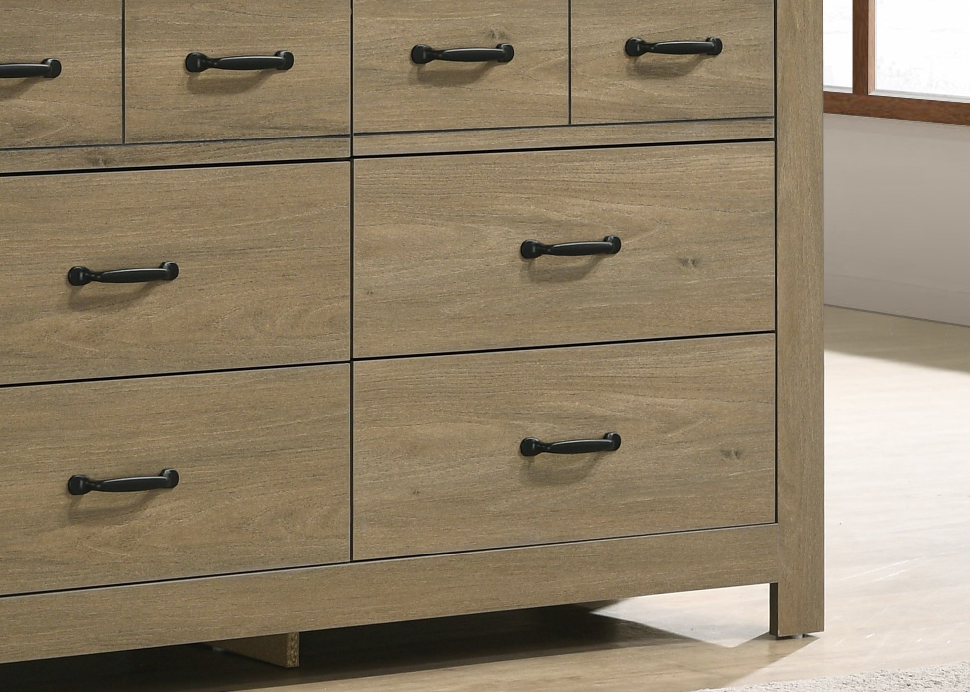 Finn 51" Coffee Gray Oak Finish Dresser With 6 Drawers And Black Handles Light Brown Particle Board