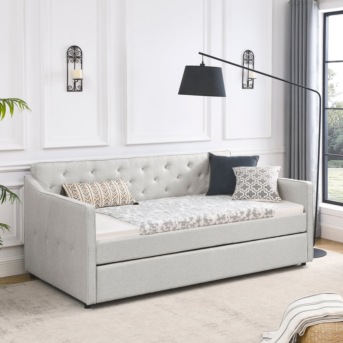 Twin Size Daybed With Twin Size Trundle Upholstered Tufted Sofa Bed, Waved Shape Arms, Beige 80.5"X44.5"X33.5" Beige Linen