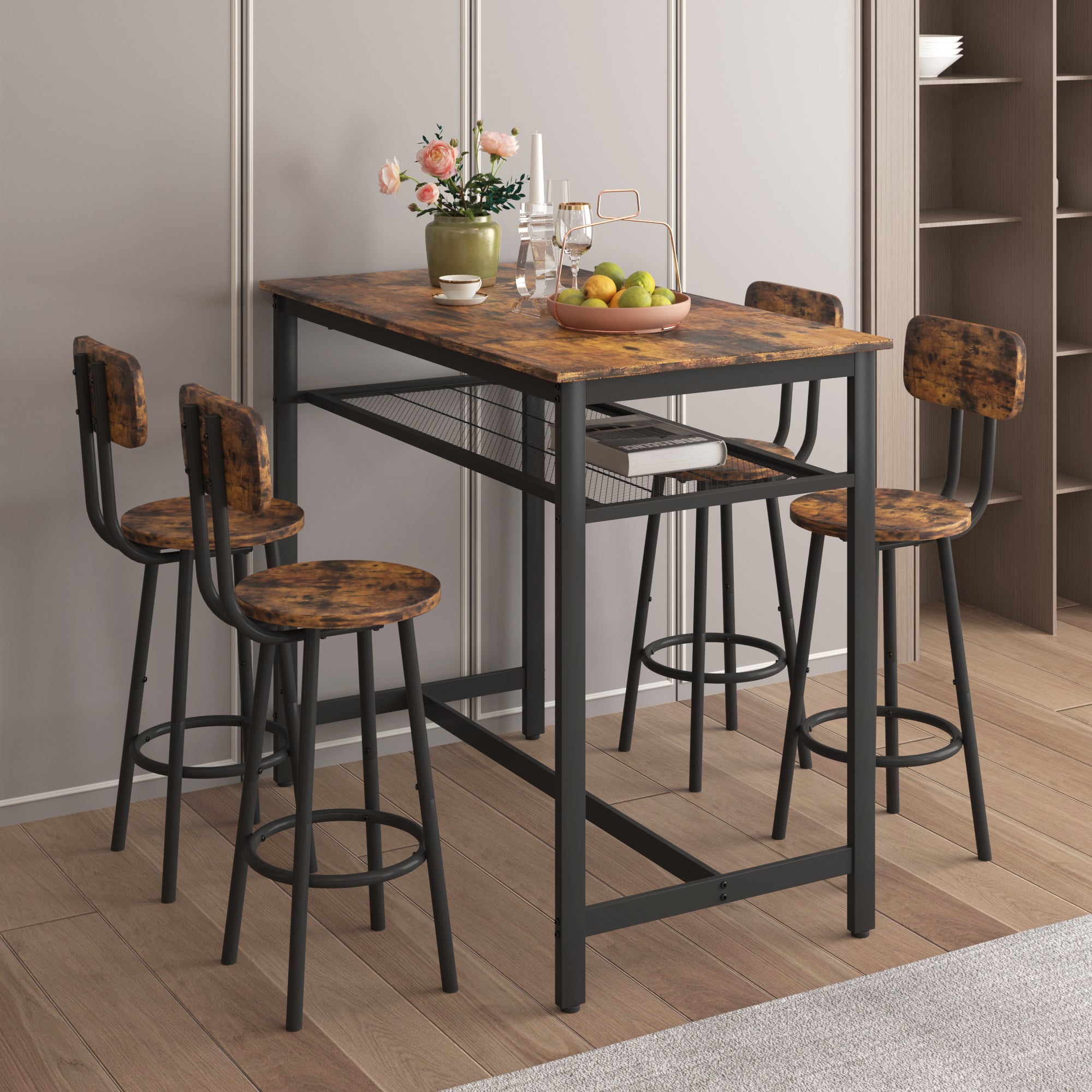 5 Piece Kitchen Counter Height Table Set, Bar Table With 4 Chairs Brown Seats 4 Mdf