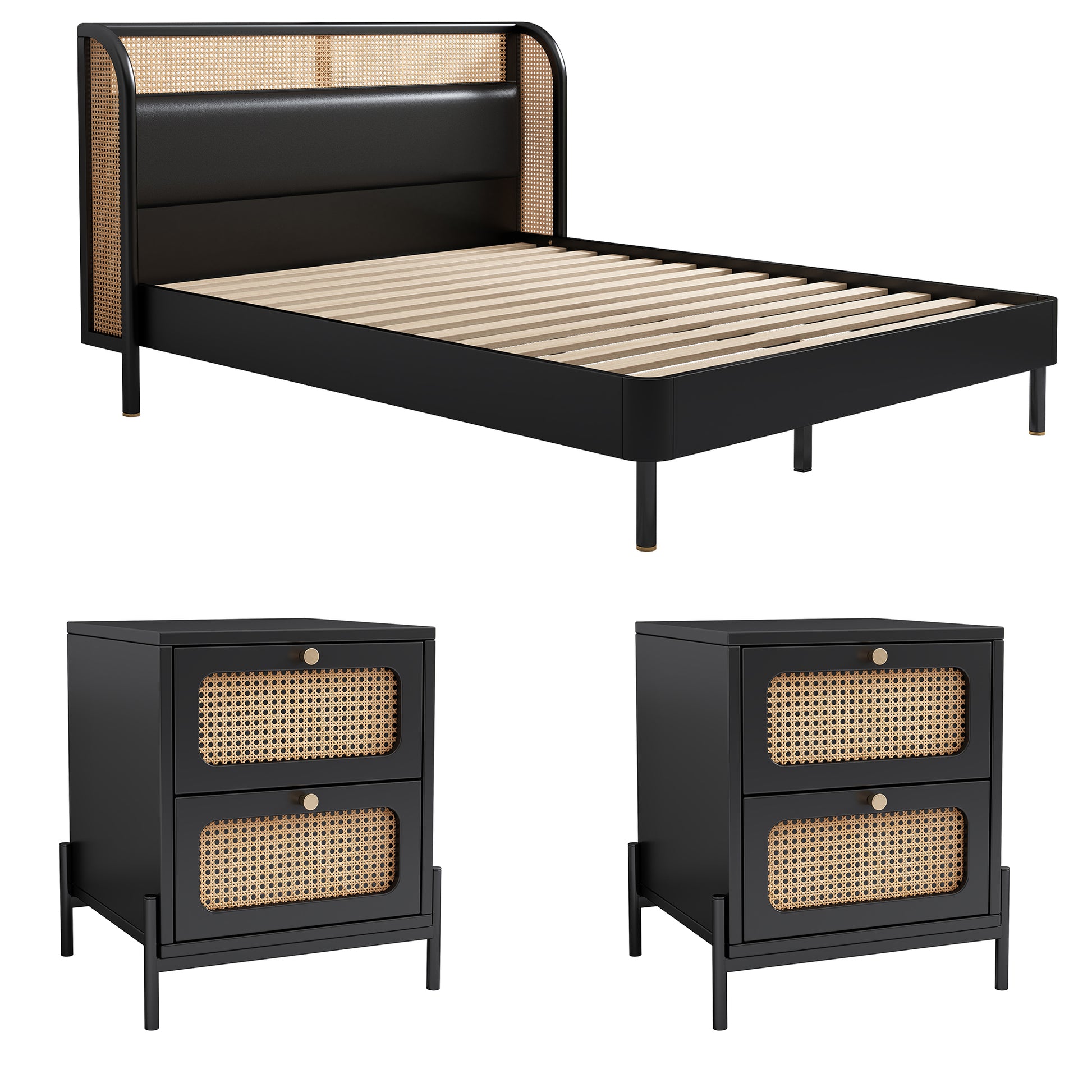 3 Pieces Modern Cannage Rattan Platform Queen Bed Nightstand*2, Black Queen Black 3 Piece Set Wood