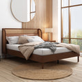 Modern Cannage Rattan Wood Platform Queen Bed, Walnut Walnut Wood
