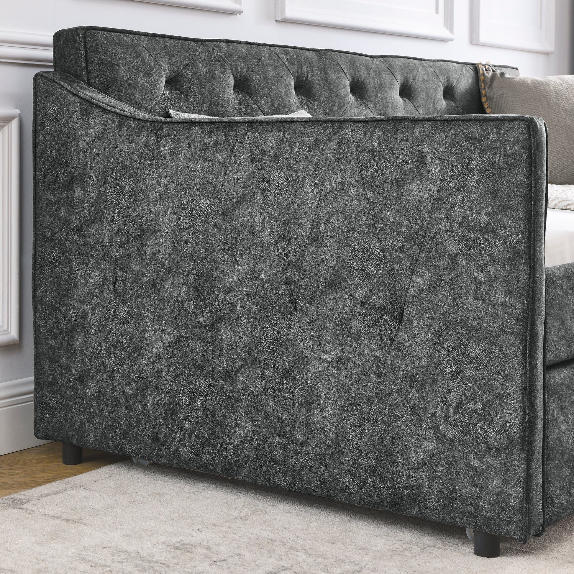 Twin Size Daybed With Twin Size Trundle Upholstered Tufted Sofa Bed, Waved Shape Arms, Grey 80.5"X44.5"X33.5" Grey Polyester