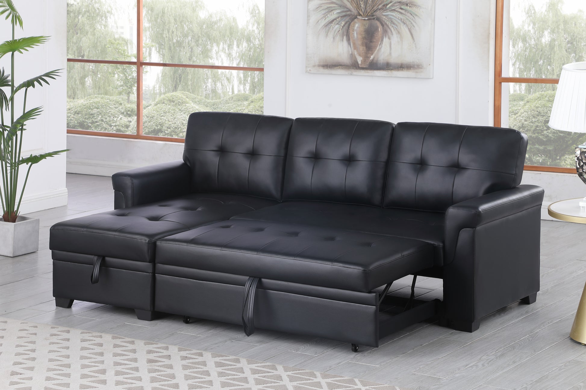 Lexi 83.5" Black Vegan Leather Modern Reversible Sleeper Sectional Sofa With Storage Chaise Black Pu Leather