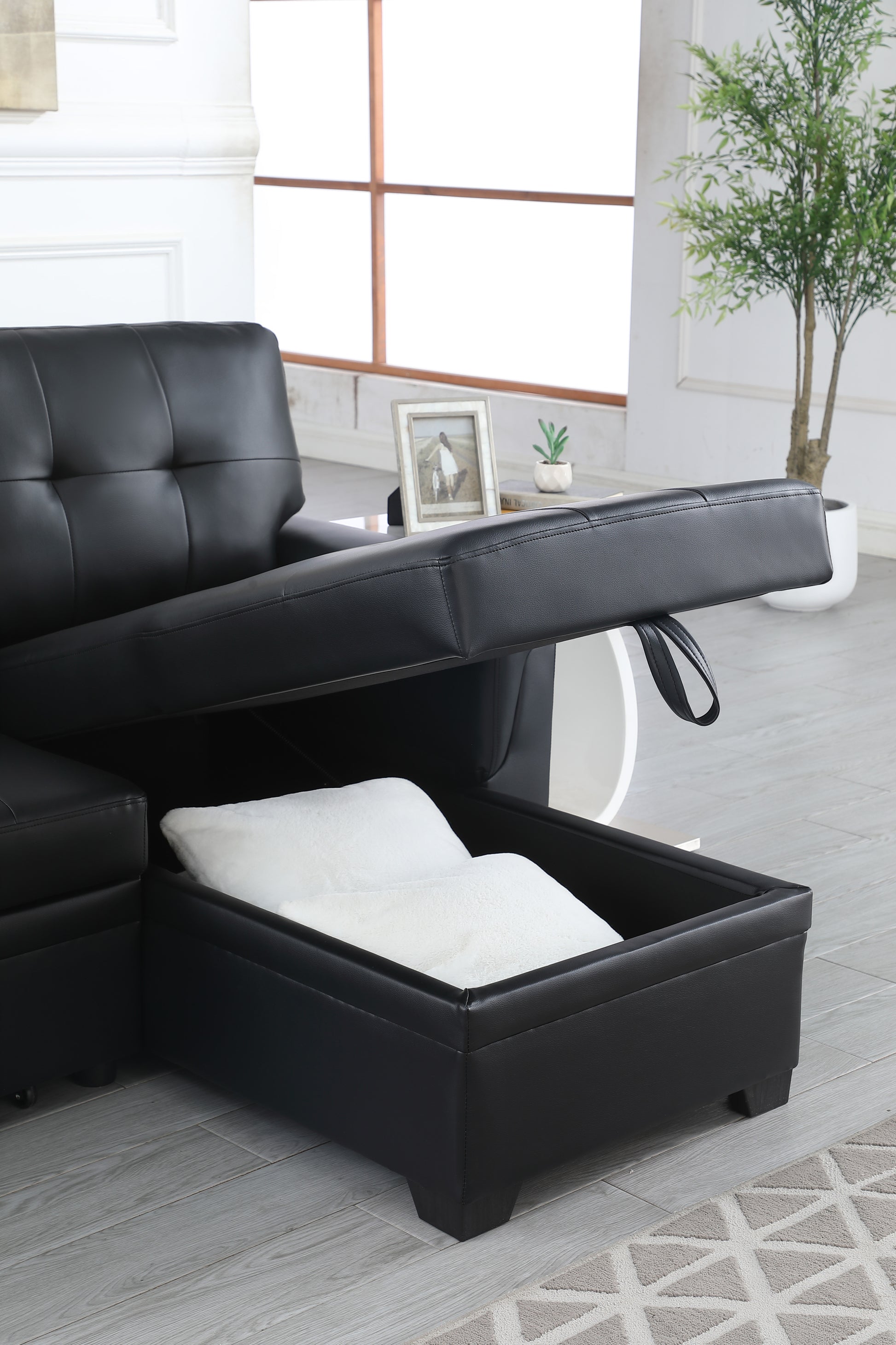 Lexi 83.5" Black Vegan Leather Modern Reversible Sleeper Sectional Sofa With Storage Chaise Black Pu Leather