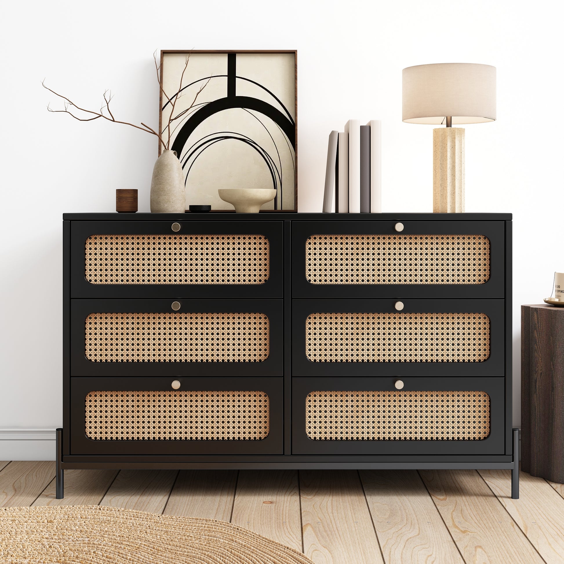 Modern Cannage Rattan Wood Closet 6 Drawer Dresser Wood Storage Cabinet Sideboard For Bedroom, Living Room, Entryway, Hallway, Black Old Sku:Wf303224Aab Black Rattan