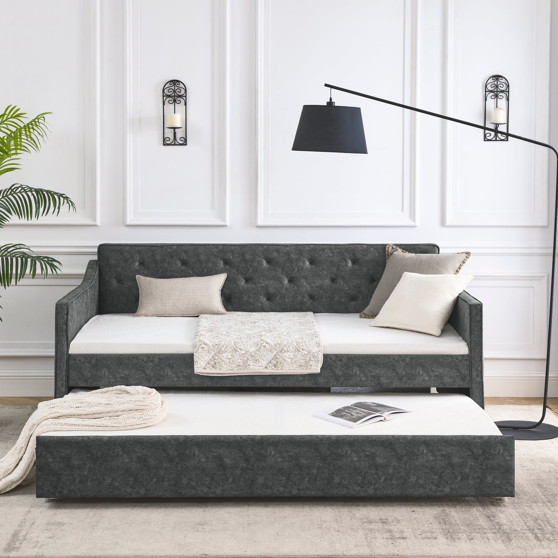 Twin Size Daybed With Twin Size Trundle Upholstered Tufted Sofa Bed, Waved Shape Arms, Grey 80.5"X44.5"X33.5" Grey Polyester