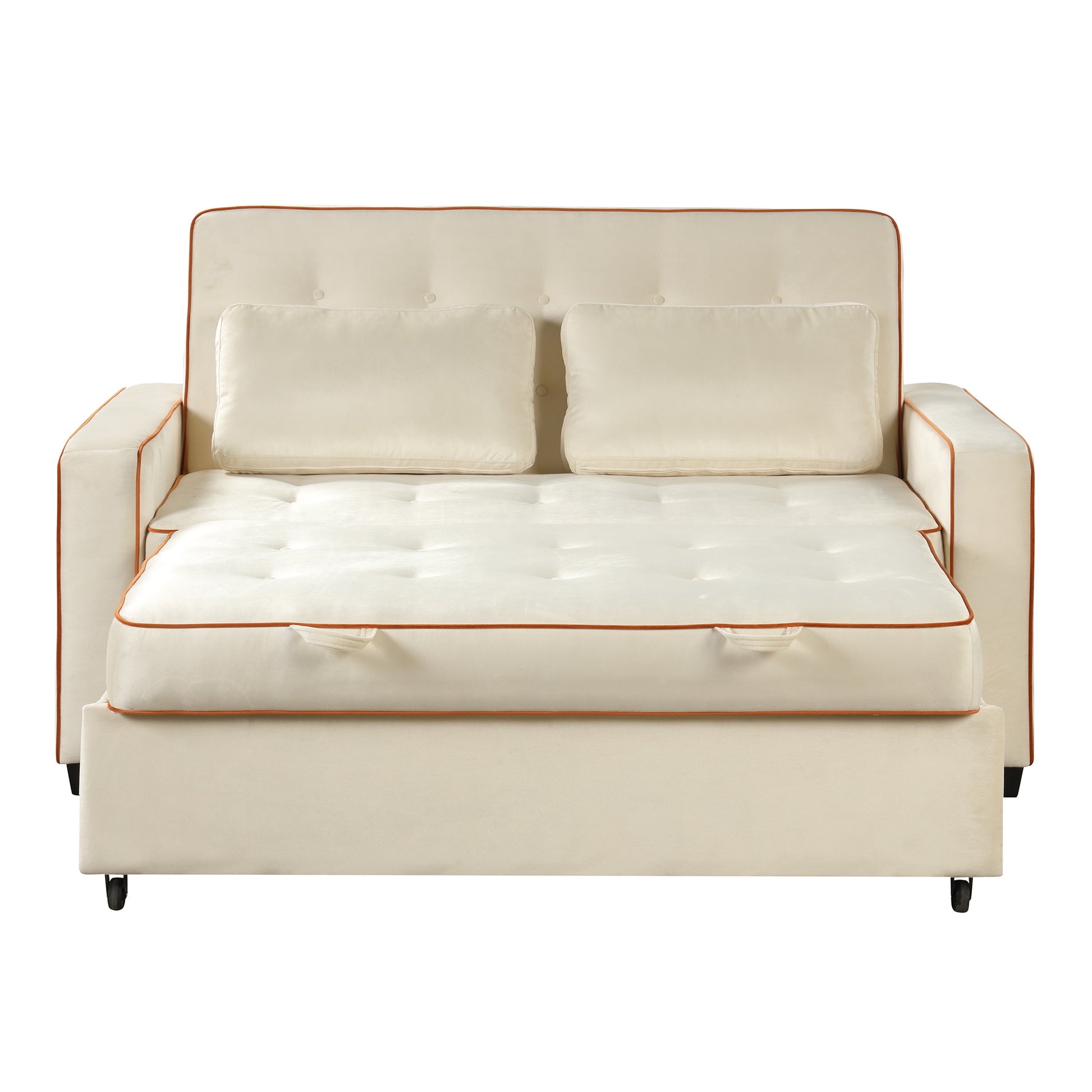 66.5" Velvet Upholstered Sleeper Bedpull Out Sofa Bed Couch Attached Two Throw Pillows,Dual Usb Charging Port And Adjustable Backrest For Living Room Space, Light Beige Beige Foam Velvet 2 Seat