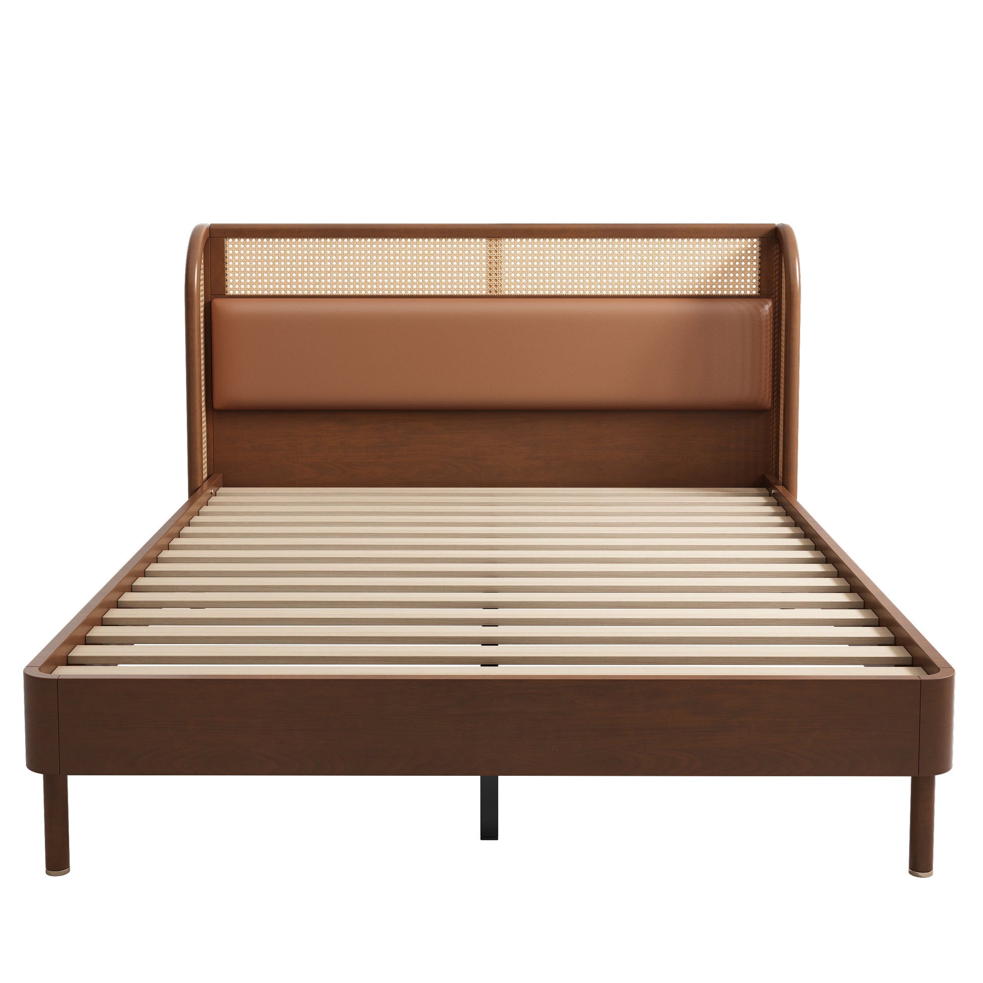 Modern Cannage Rattan Wood Platform Queen Bed, Walnut Walnut Wood