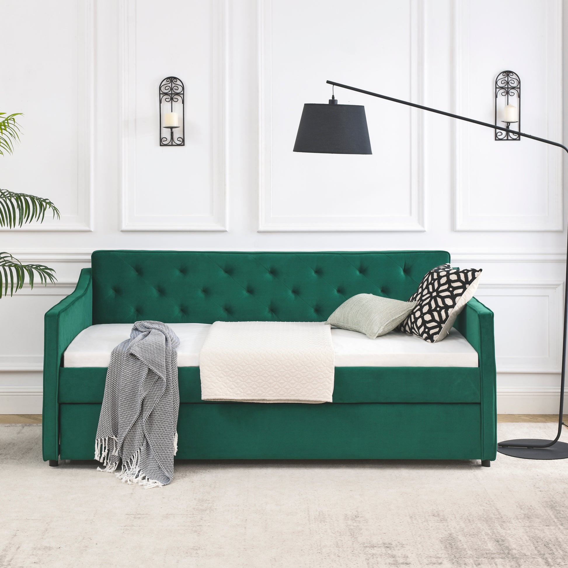 Twin Size Daybed With Twin Size Trundle Upholstered Tufted Sofa Bed, Waved Shape Arms 80.5"X44.5"X33.5" Green Velvet