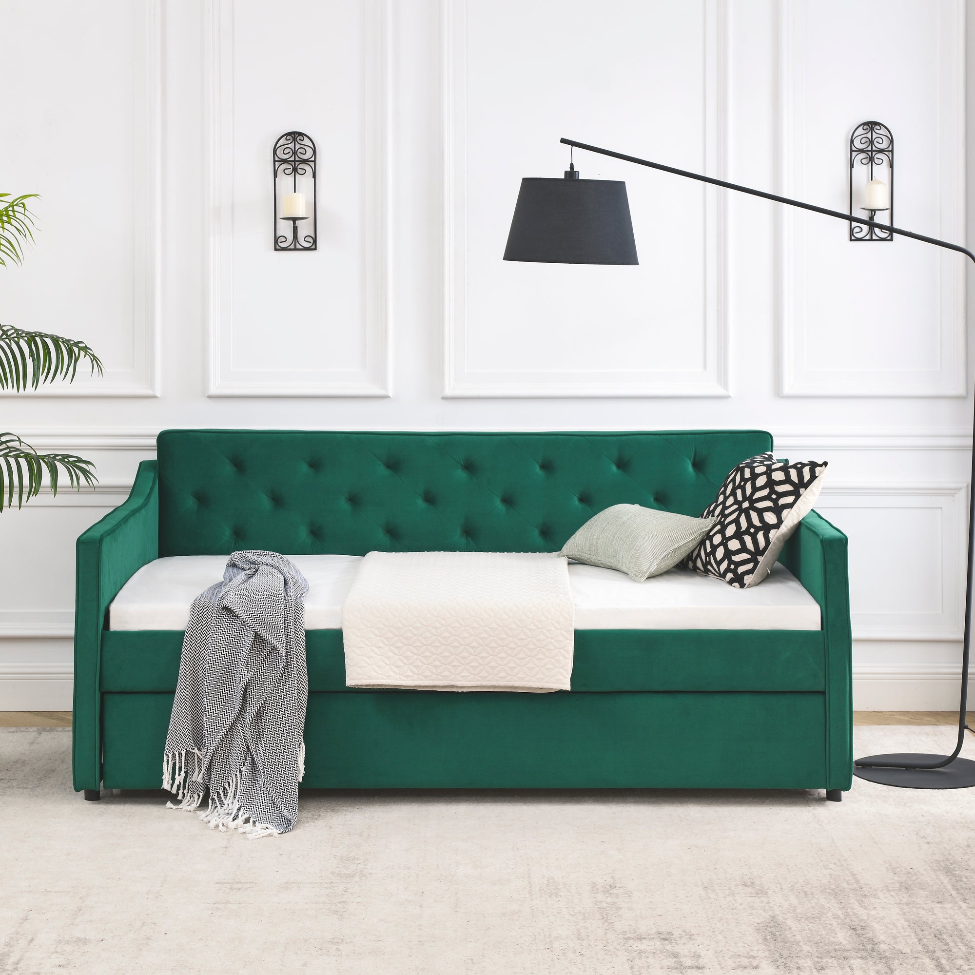 Twin Size Daybed with Twin Size Trundle Upholstered green-velvet