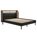 3 Pieces Modern Cannage Rattan Platform Queen Bed Nightstand*2, Black Queen Black 3 Piece Set Wood