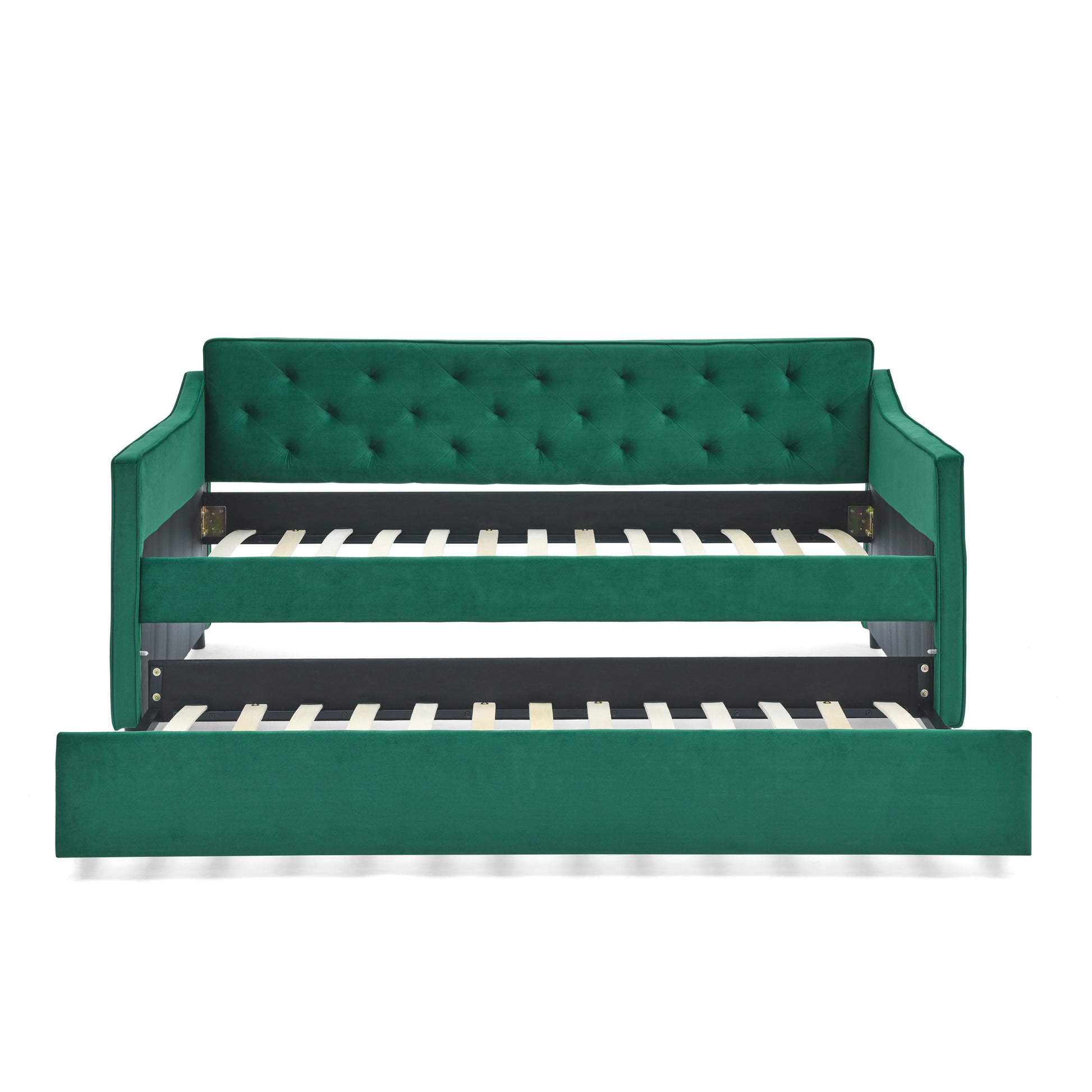 Twin Size Daybed With Twin Size Trundle Upholstered Tufted Sofa Bed, Waved Shape Arms 80.5"X44.5"X33.5" Green Velvet