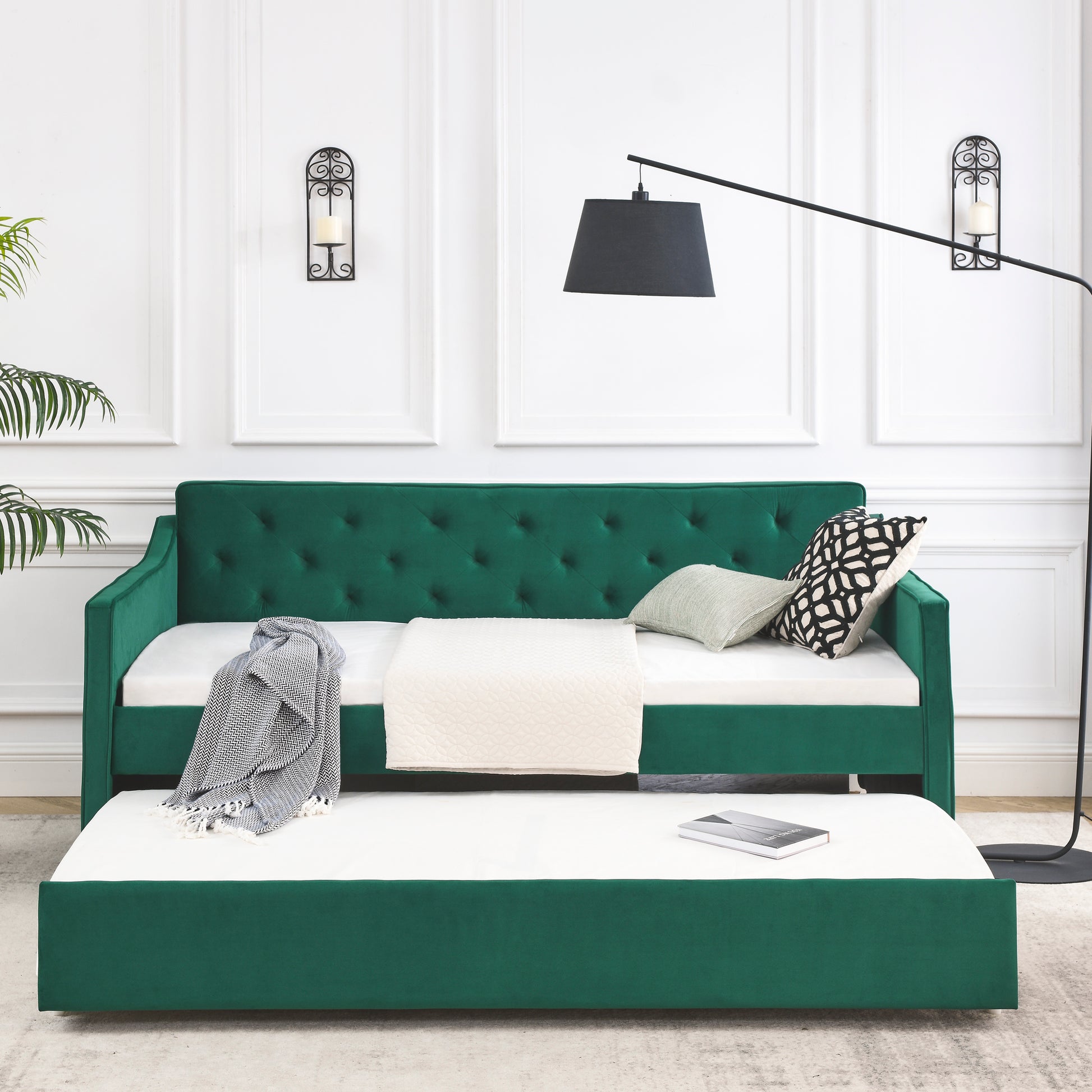 Twin Size Daybed With Twin Size Trundle Upholstered Tufted Sofa Bed, Waved Shape Arms 80.5"X44.5"X33.5" Green Velvet