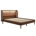 Modern Cannage Rattan Wood Platform Queen Bed, Walnut Walnut Wood