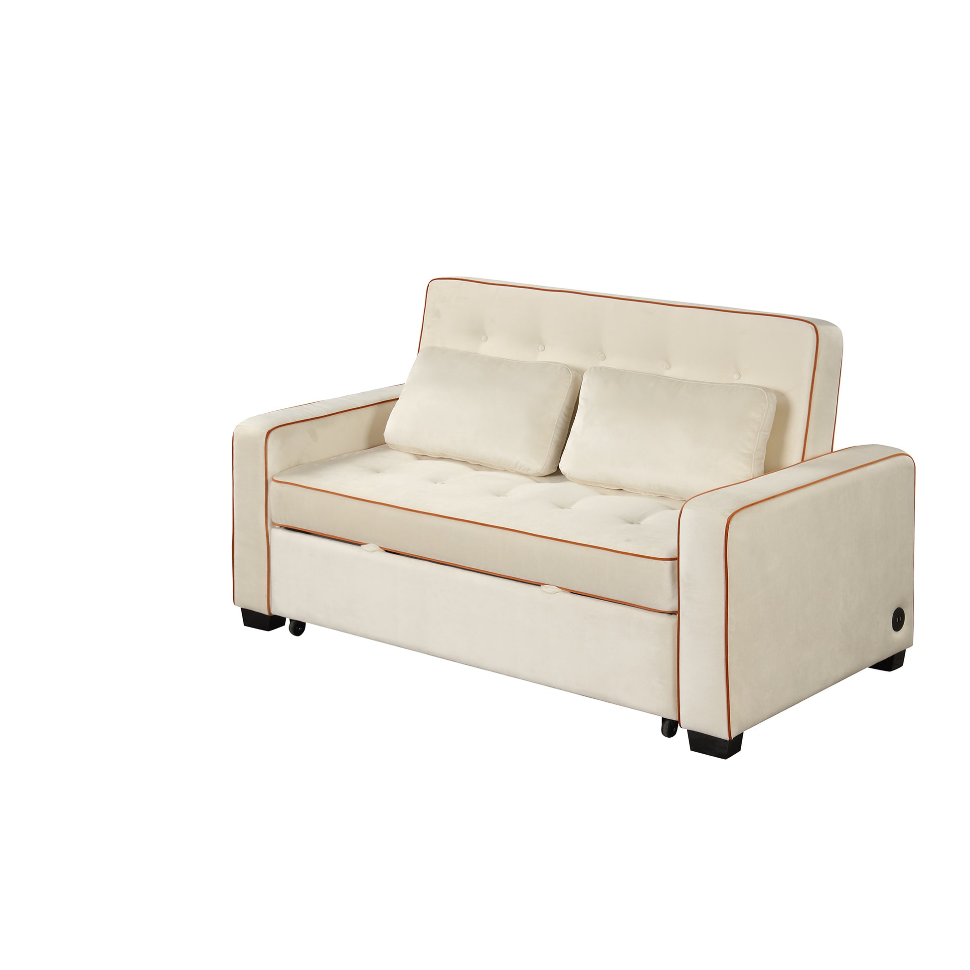 66.5" Velvet Upholstered Sleeper Bedpull Out Sofa Bed Couch Attached Two Throw Pillows,Dual Usb Charging Port And Adjustable Backrest For Living Room Space, Light Beige Beige Foam Velvet 2 Seat