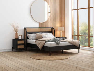 3 Pieces Modern Cannage Rattan Platform Queen Bed Nightstand*2, Black Queen Black 3 Piece Set Wood