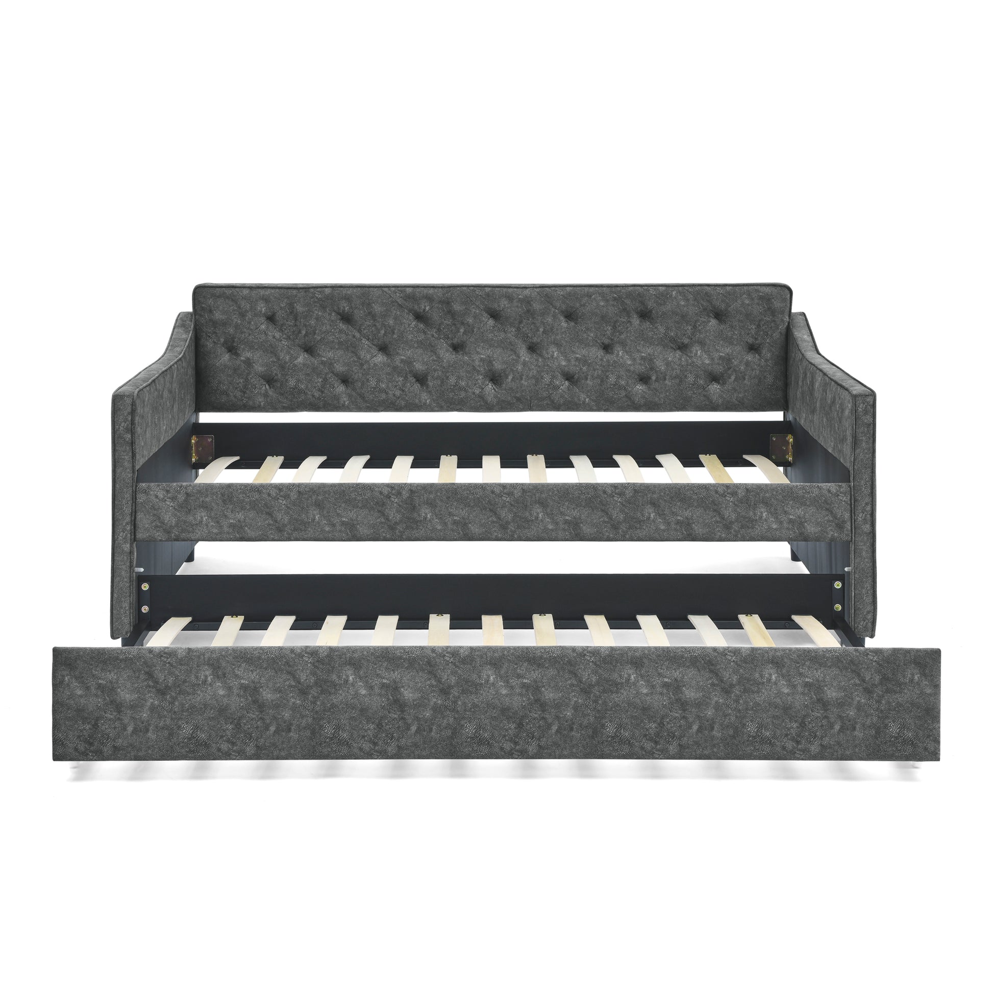 Twin Size Daybed With Twin Size Trundle Upholstered Tufted Sofa Bed, Waved Shape Arms, Grey 80.5"X44.5"X33.5" Grey Polyester