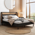 Modern Cannage Rattan Wood Platform Queen Bed, Black Black Wood