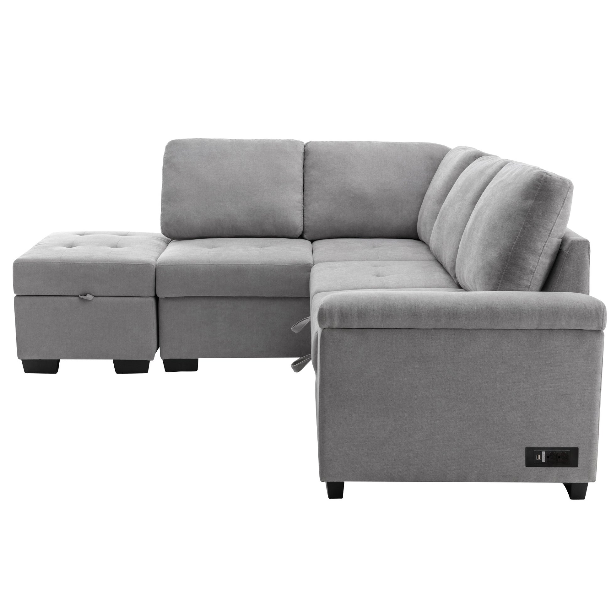 Sleeper Sectional Sofa, L Shape Corner Couch Sofa Bed With Storage Ottoman & Hidden Arm Storage & Usb Charge For Living Room Apartment, Gray Gray Velvet 4 Seat