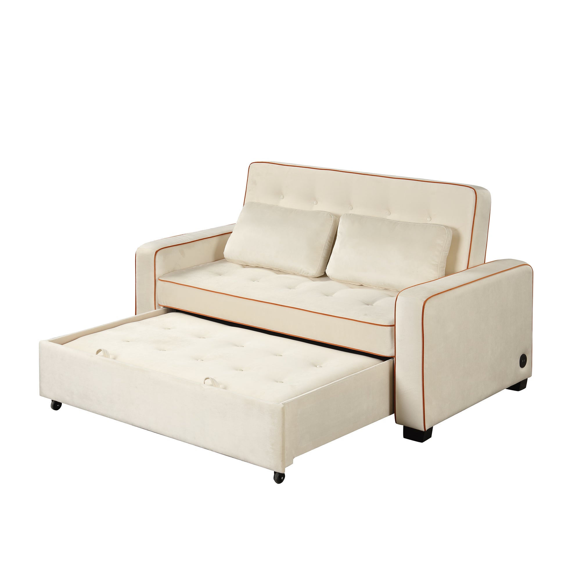 66.5" Velvet Upholstered Sleeper Bedpull Out Sofa Bed Couch Attached Two Throw Pillows,Dual Usb Charging Port And Adjustable Backrest For Living Room Space, Light Beige Beige Foam Velvet 2 Seat