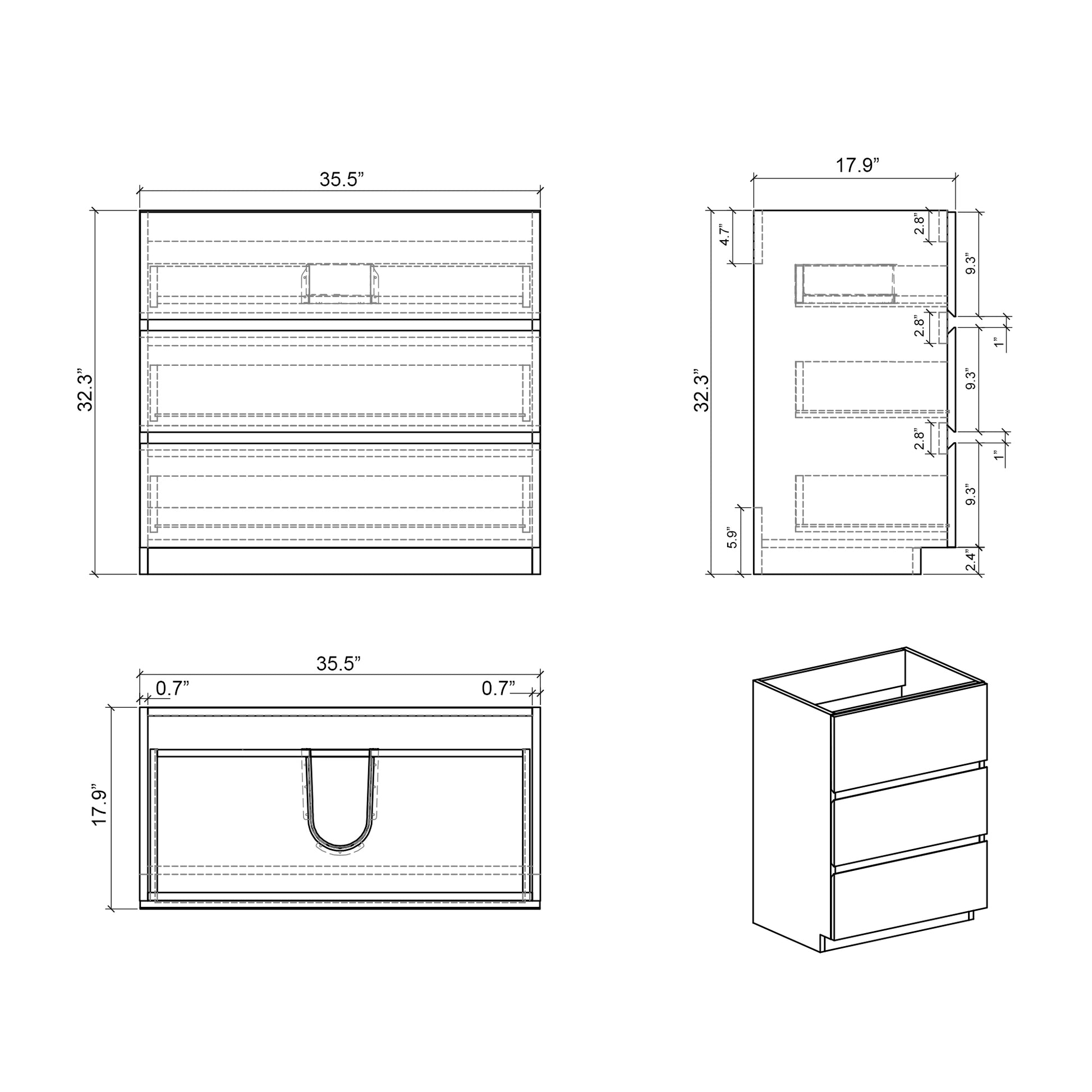 Alice 36" Gray Bathroom Vanity With Sink, Large Storage Freestanding Bathroom Vanity For Modern Bathroom, One Piece Black Sink Basin Without Drain And Faucet, Pre Assembled Black Gray Melamine