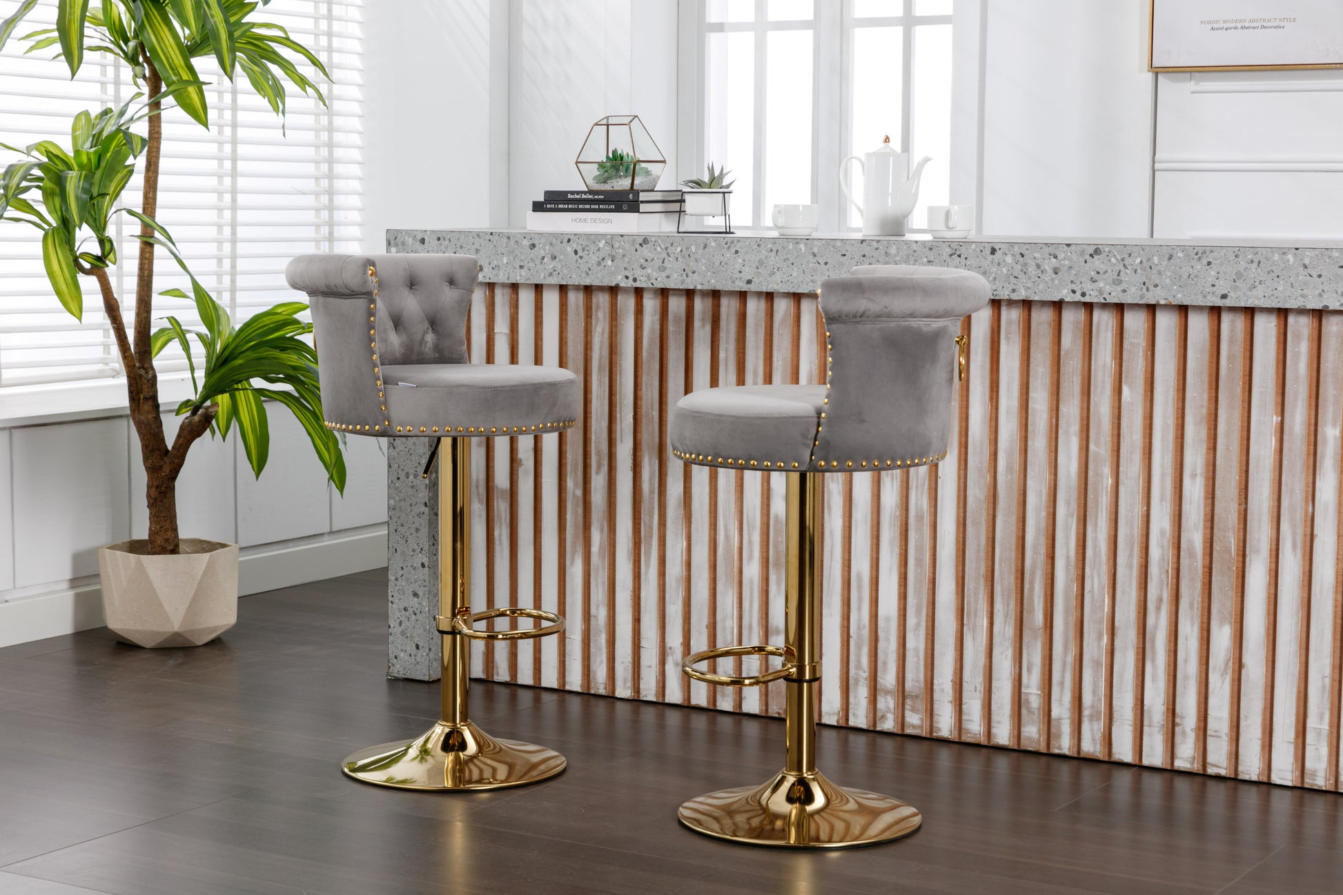 Coolmore Swivel Bar Stools Set Of 2 Adjustable Counter Height Chairs With Footrest For Kitchen, Dining Room 2Pc Set Gray Velvet