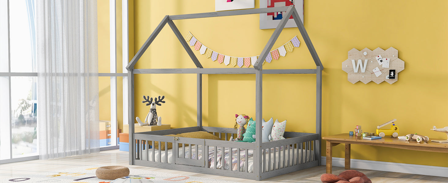 Full Size Wood House Bed With Fence And Door, Gray Wash Gray Pine