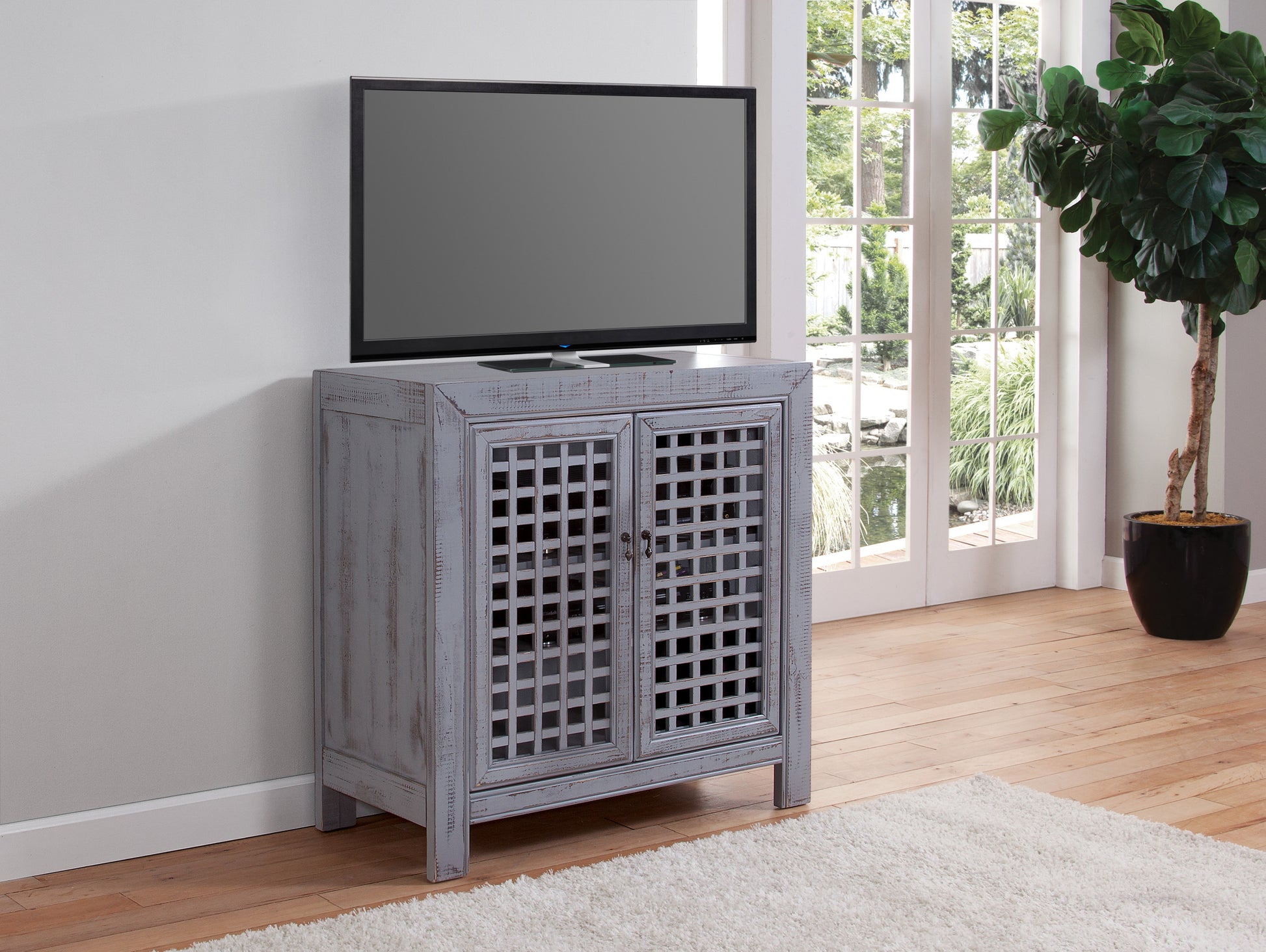 Farmhouse Inspired Accent Cabinet Lattice Work Front, Distressed Grey Finish Grey Solid Wood Mdf