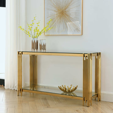 Modern Glass Console Table, 55" Gold Sofa Table With Sturdy Metal Frame And Clear Tempered Glass Top, For Living Room Entryway Bedroom, Gold Finish Polished Golden Stainless Steel