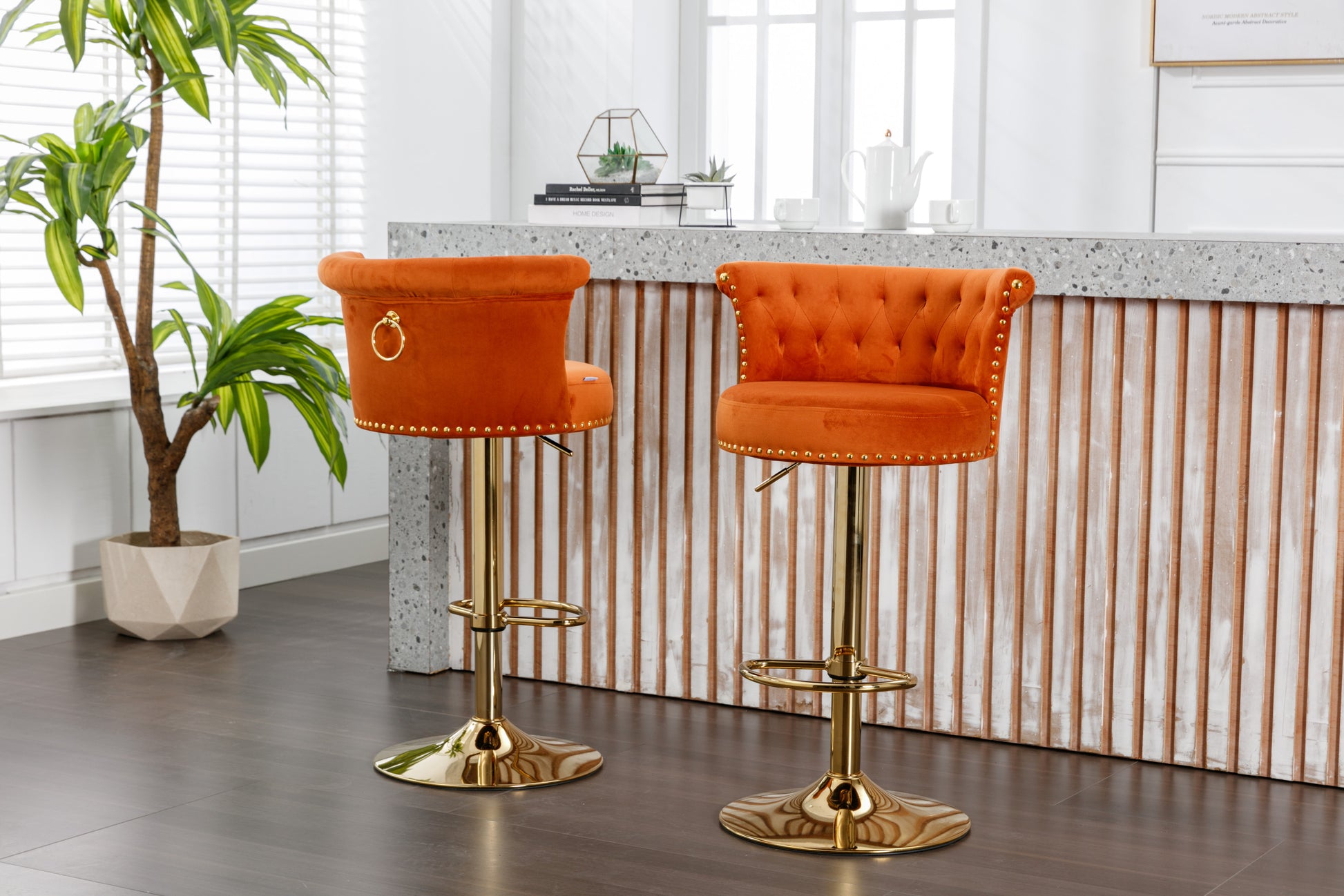 Coolmore Swivel Bar Stools Set Of 2 Adjustable Counter Height Chairs With Footrest For Kitchen, Dining Room 2Pc Set Orange Velvet