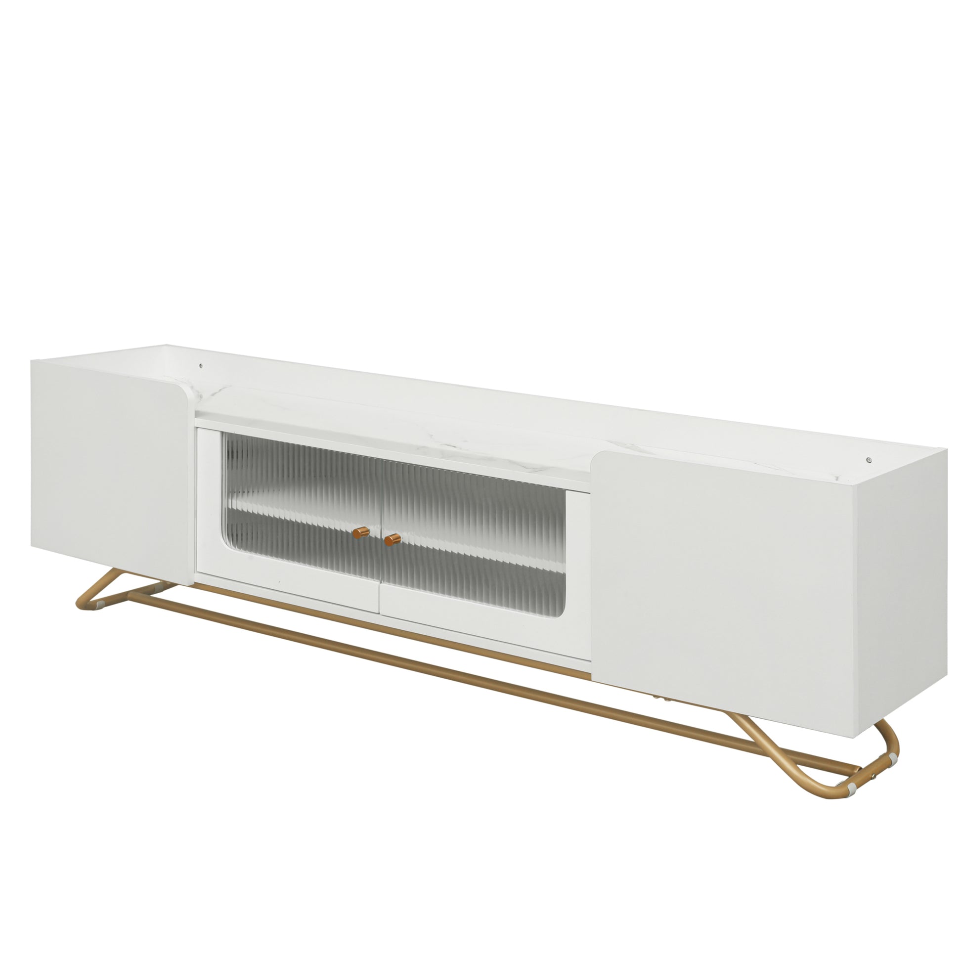 Sleek Design Tv Stand With Fluted Glass, Contemporary Entertainment Center For Tvs Up To 70", Faux Marble Top Tv Console Table With Gold Frame Base, White White Primary Living Space 70 79 Inches 70 79 Inches Modern 70 Inches Particle Board