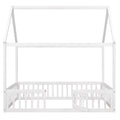 Full Size Wood House Bed With Fence And Door, White Wash White Pine