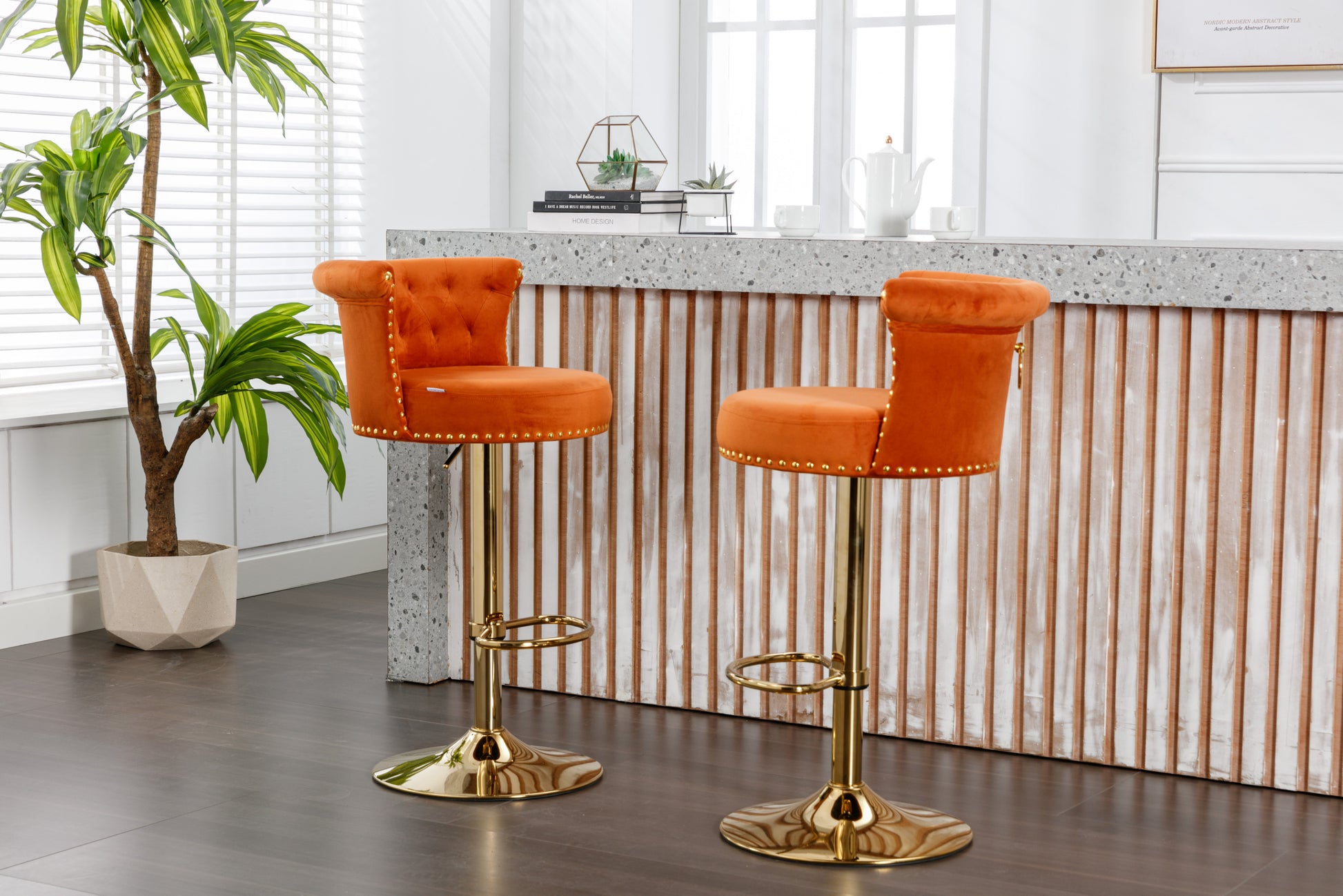 Coolmore Swivel Bar Stools Set Of 2 Adjustable Counter Height Chairs With Footrest For Kitchen, Dining Room 2Pc Set Orange Velvet