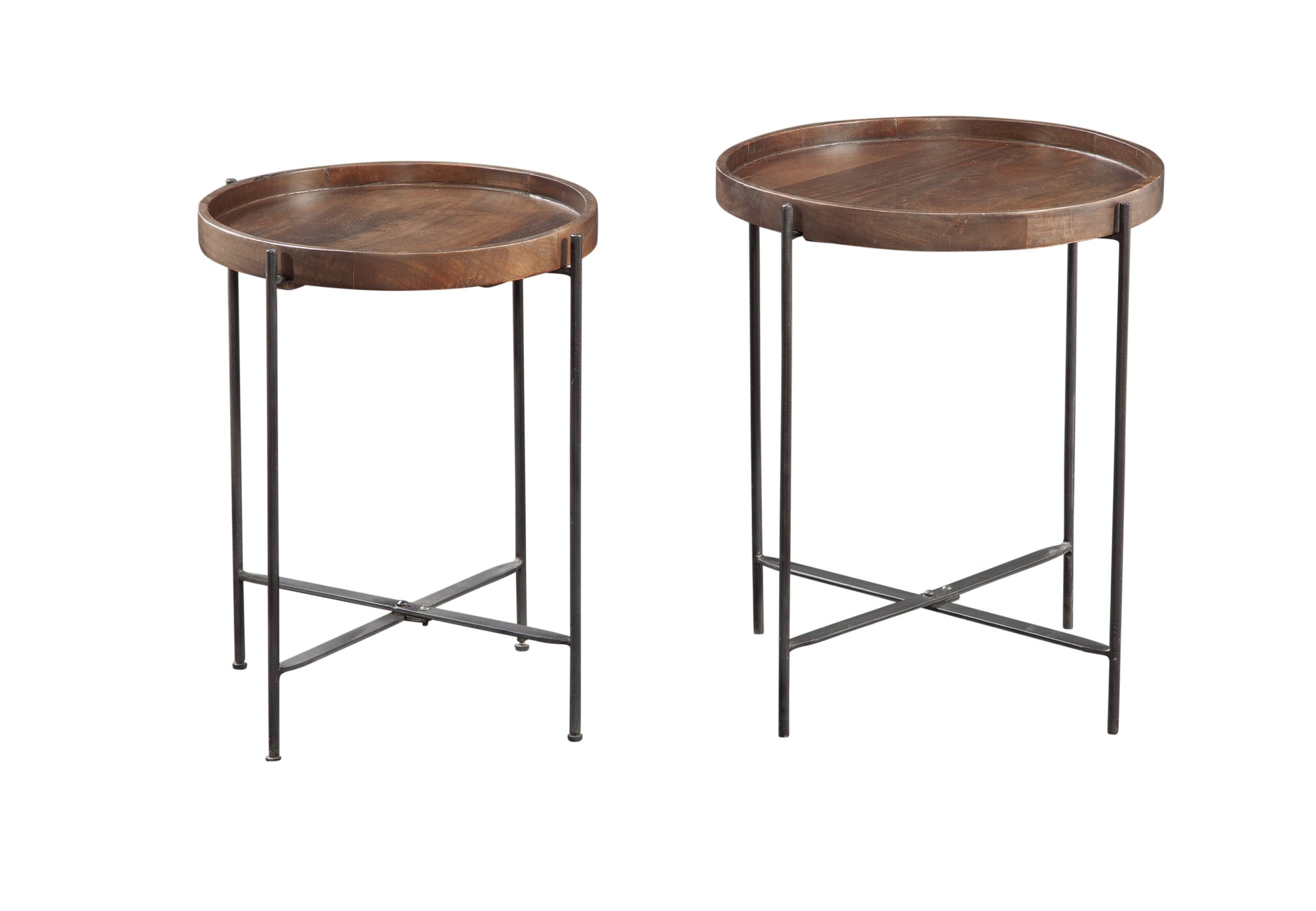 Set Of 2 Modern Round Wood Brown Side Tables With Metal Legs Contemporary Accent Furniture For Living Room, Bedroom, Or Office Stylish And Functional Home D Cor Accessories Brown Wood