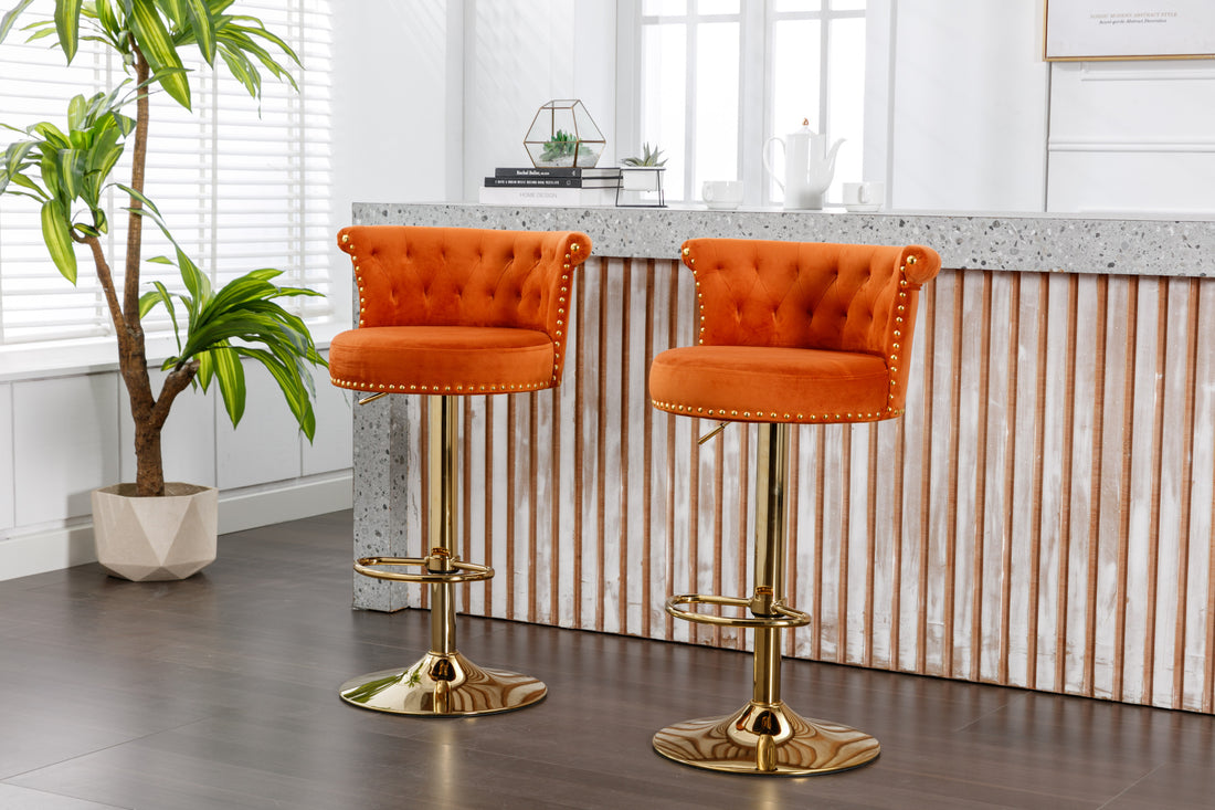 Coolmore Swivel Bar Stools Set Of 2 Adjustable Counter Height Chairs With Footrest For Kitchen, Dining Room 2Pc Set Orange Velvet