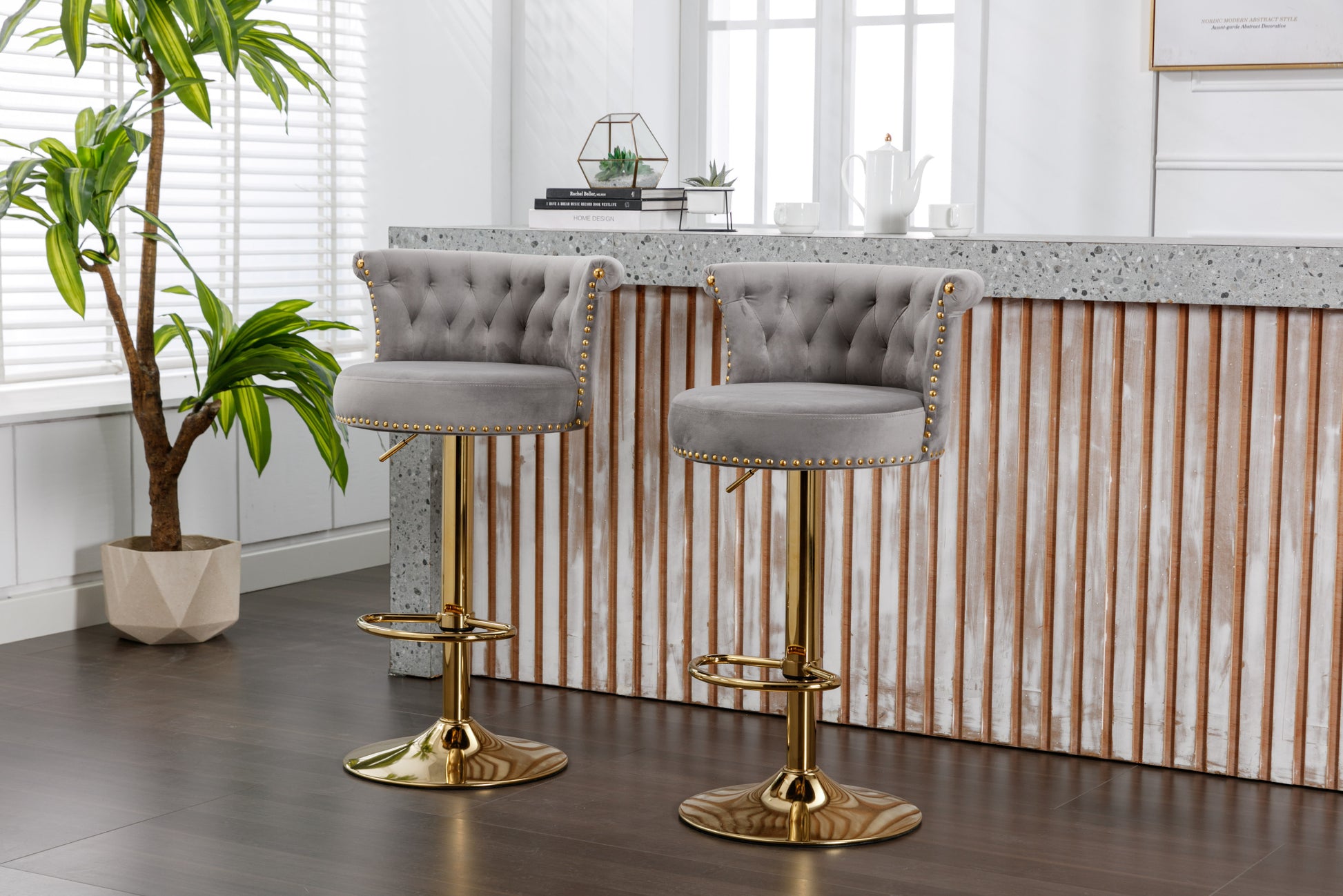 Coolmore Swivel Bar Stools Set Of 2 Adjustable Counter Height Chairs With Footrest For Kitchen, Dining Room 2Pc Set Gray Velvet