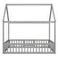 Full Size Wood House Bed With Fence And Door, Gray Wash Gray Pine