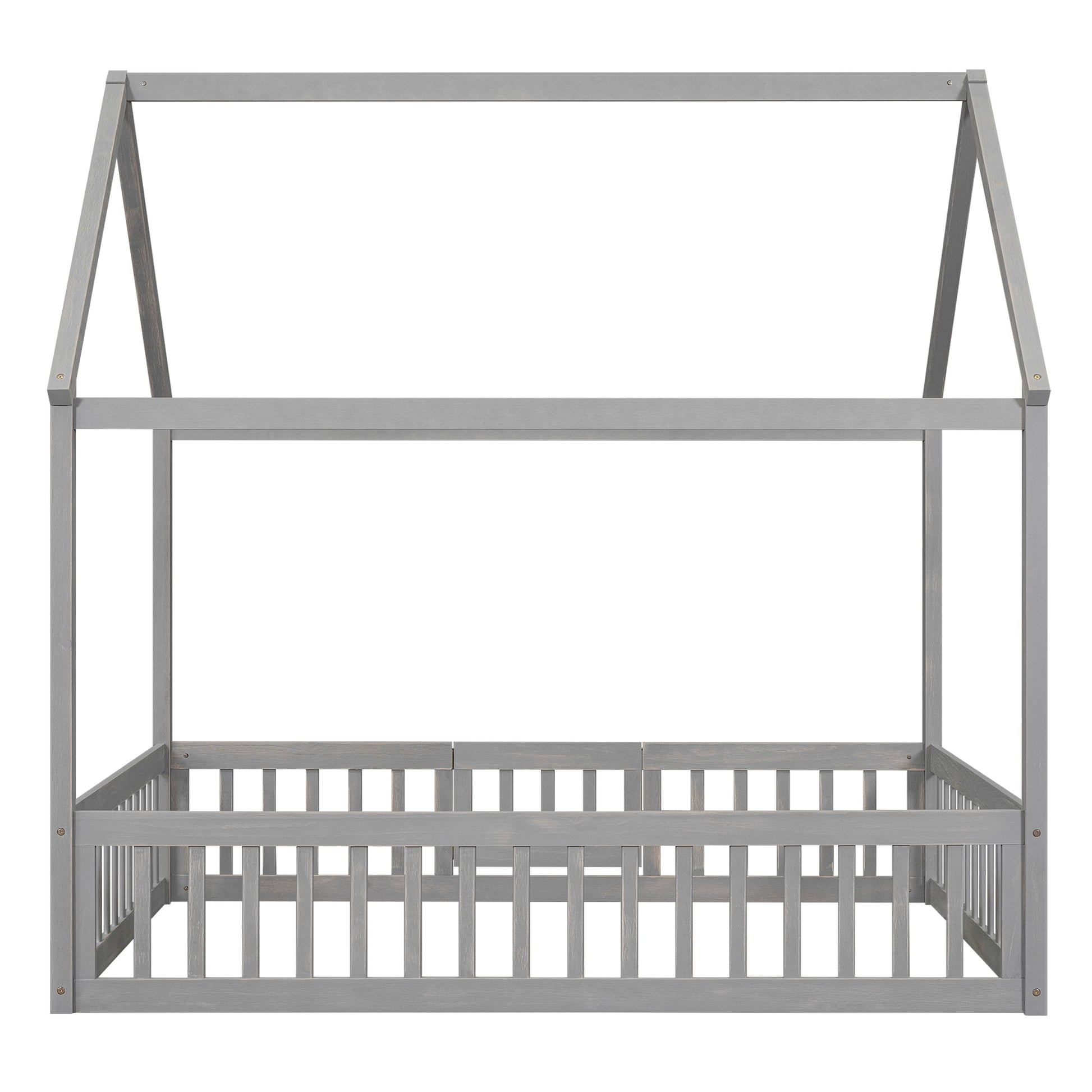 Full Size Wood House Bed With Fence And Door, Gray Wash Gray Pine