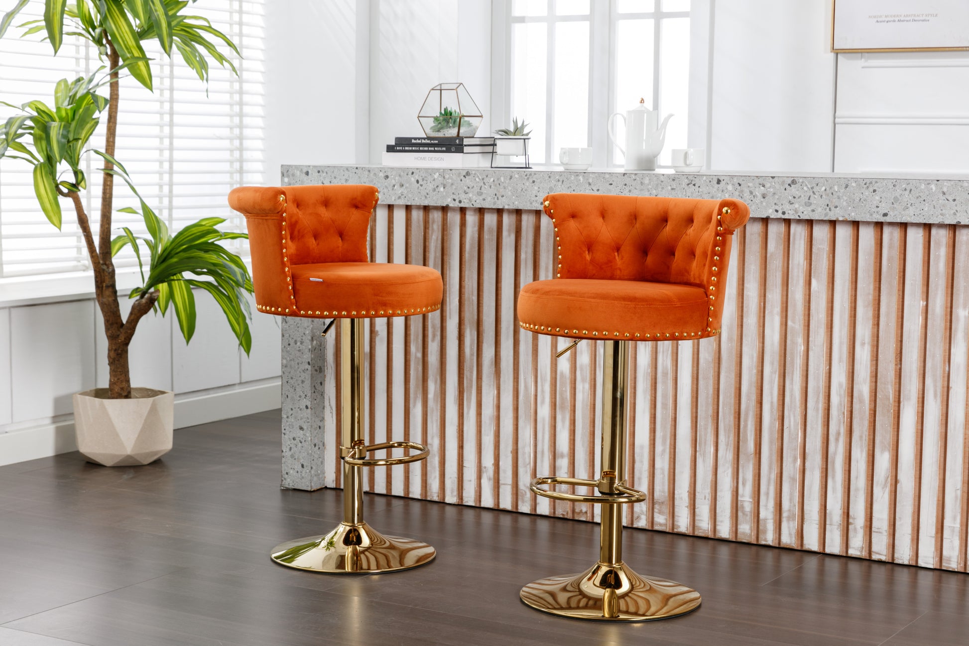 Coolmore Swivel Bar Stools Set Of 2 Adjustable Counter Height Chairs With Footrest For Kitchen, Dining Room 2Pc Set Orange Velvet