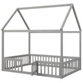 Full Size Wood House Bed With Fence And Door, Gray Wash Gray Pine