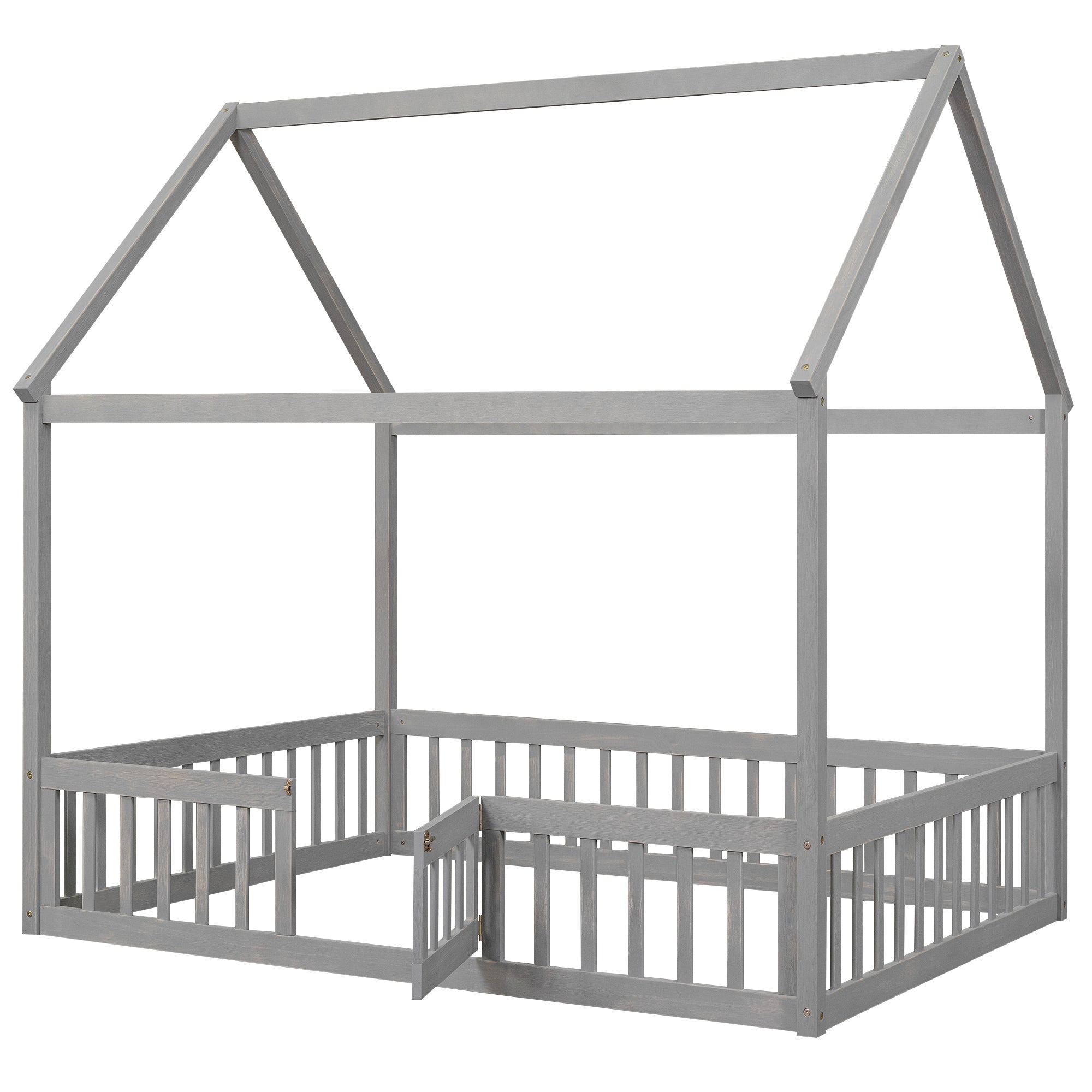 Full Size Wood House Bed with Fence and Door, Gray gray-pine