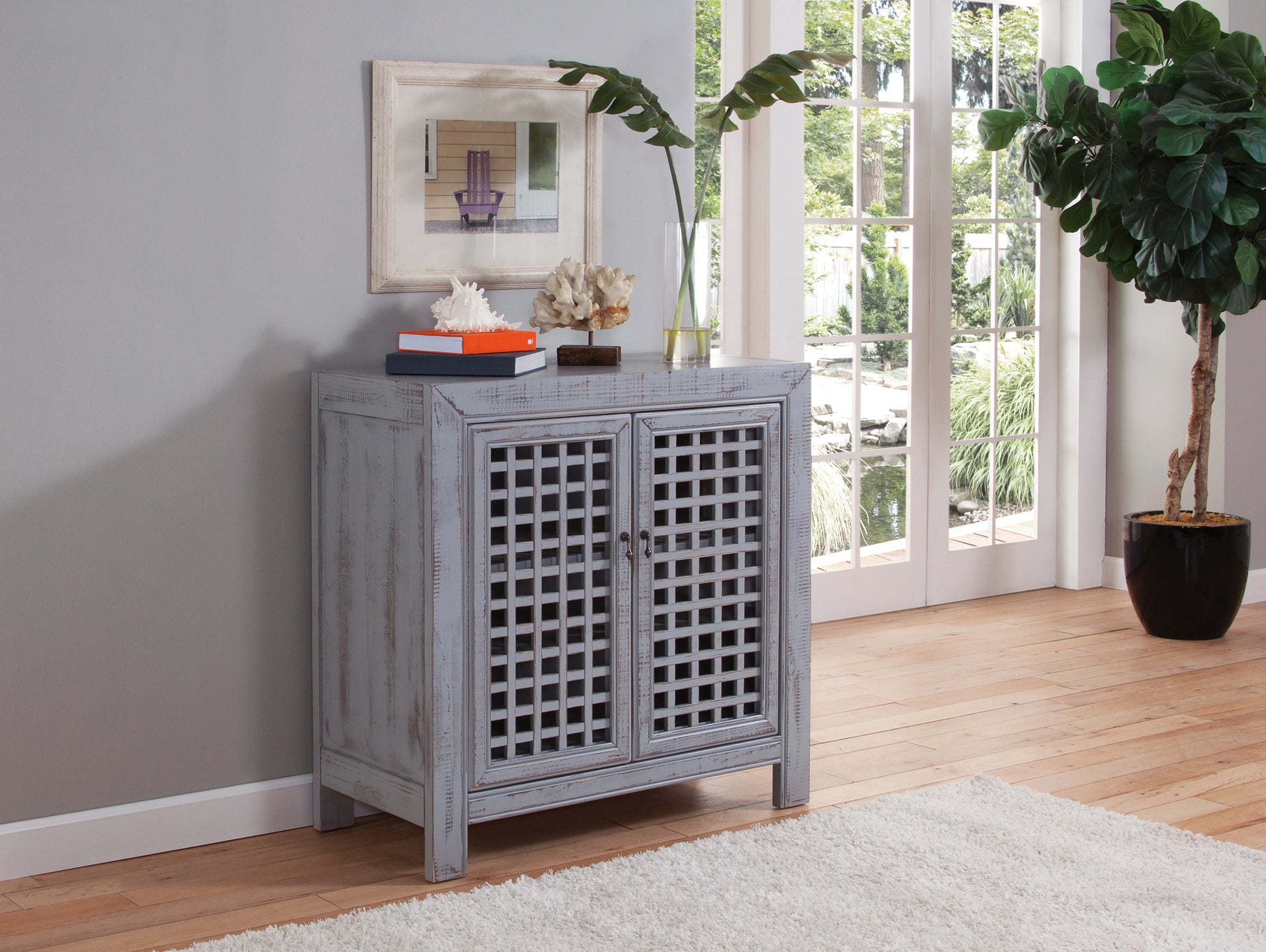 Farmhouse Inspired Accent Cabinet Lattice Work Front, Distressed Grey Finish Grey Solid Wood Mdf