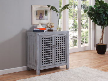 Farmhouse Inspired Accent Cabinet Lattice Work Front, Distressed Grey Finish Grey Solid Wood Mdf