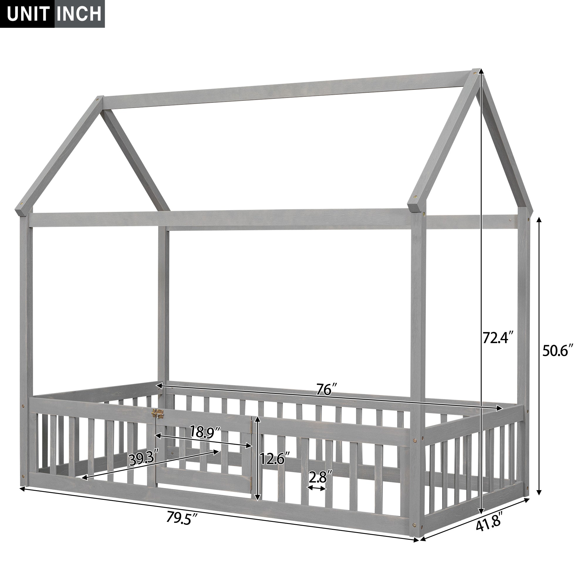 Twin Size Wood House Bed with Fence and Door, Gray gray-pine