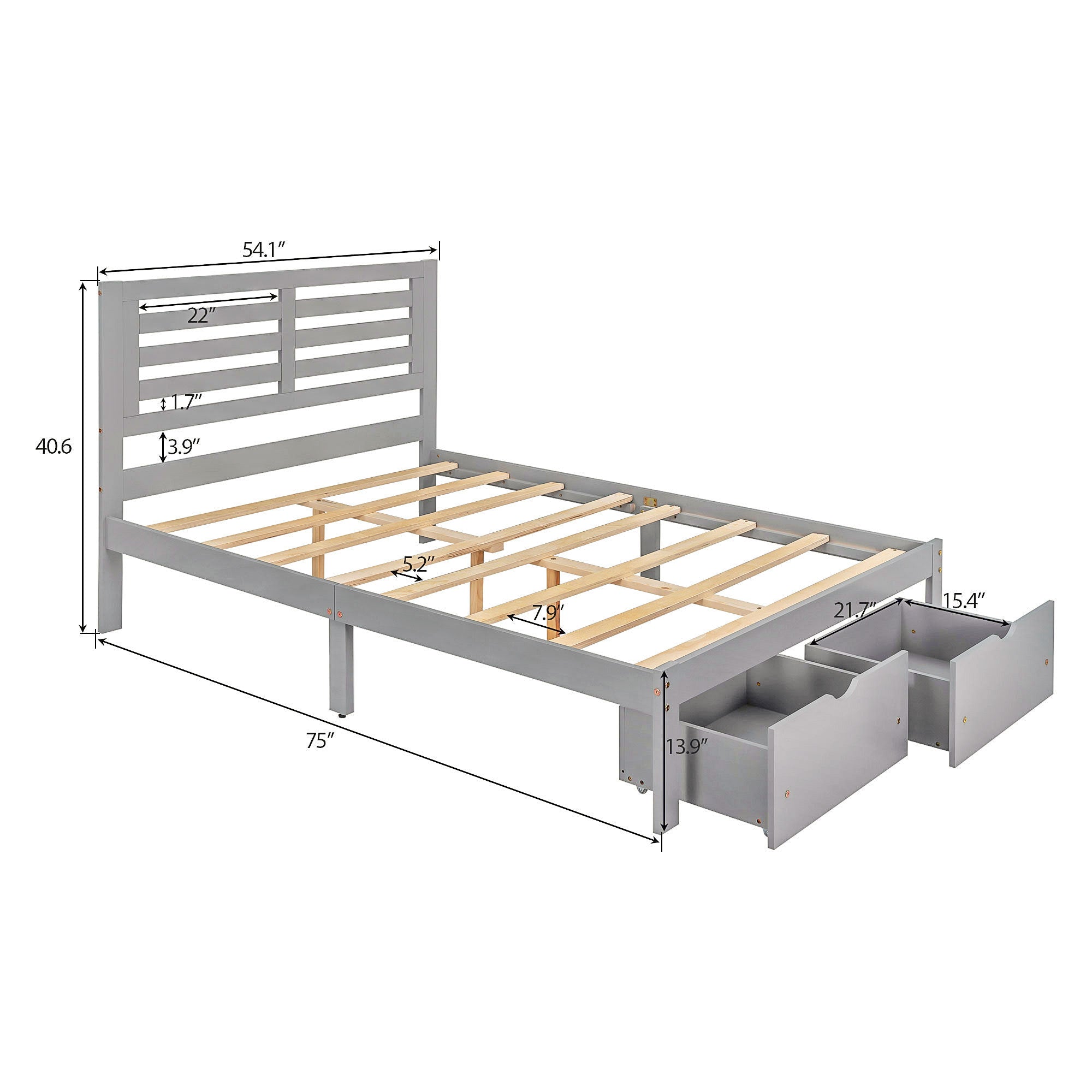 Full Size Platform Bed with Drawers, Gray gray-pine